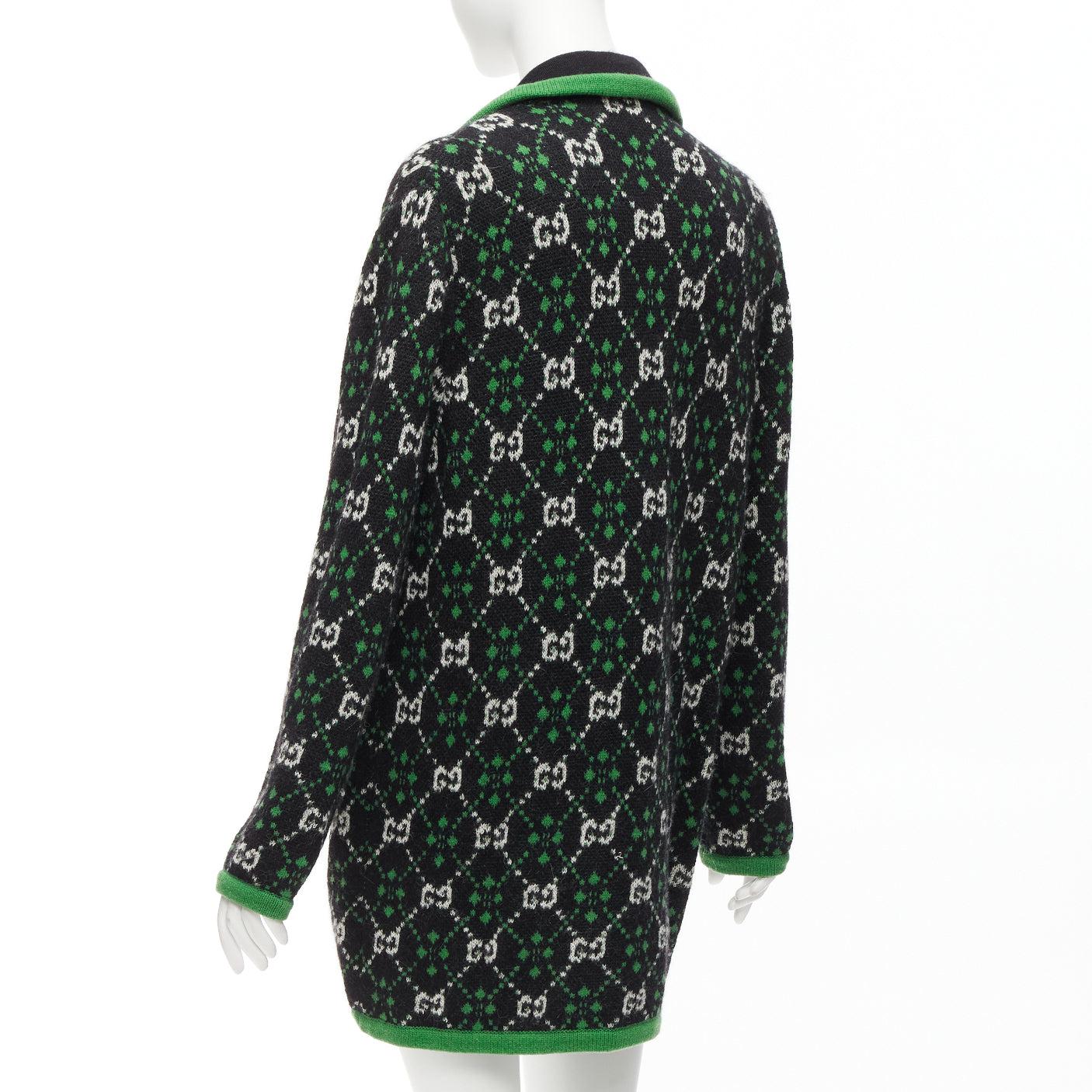 GUCCI 2018 white black GG monogram alpaca wool green trim knit coat S For Sale 3