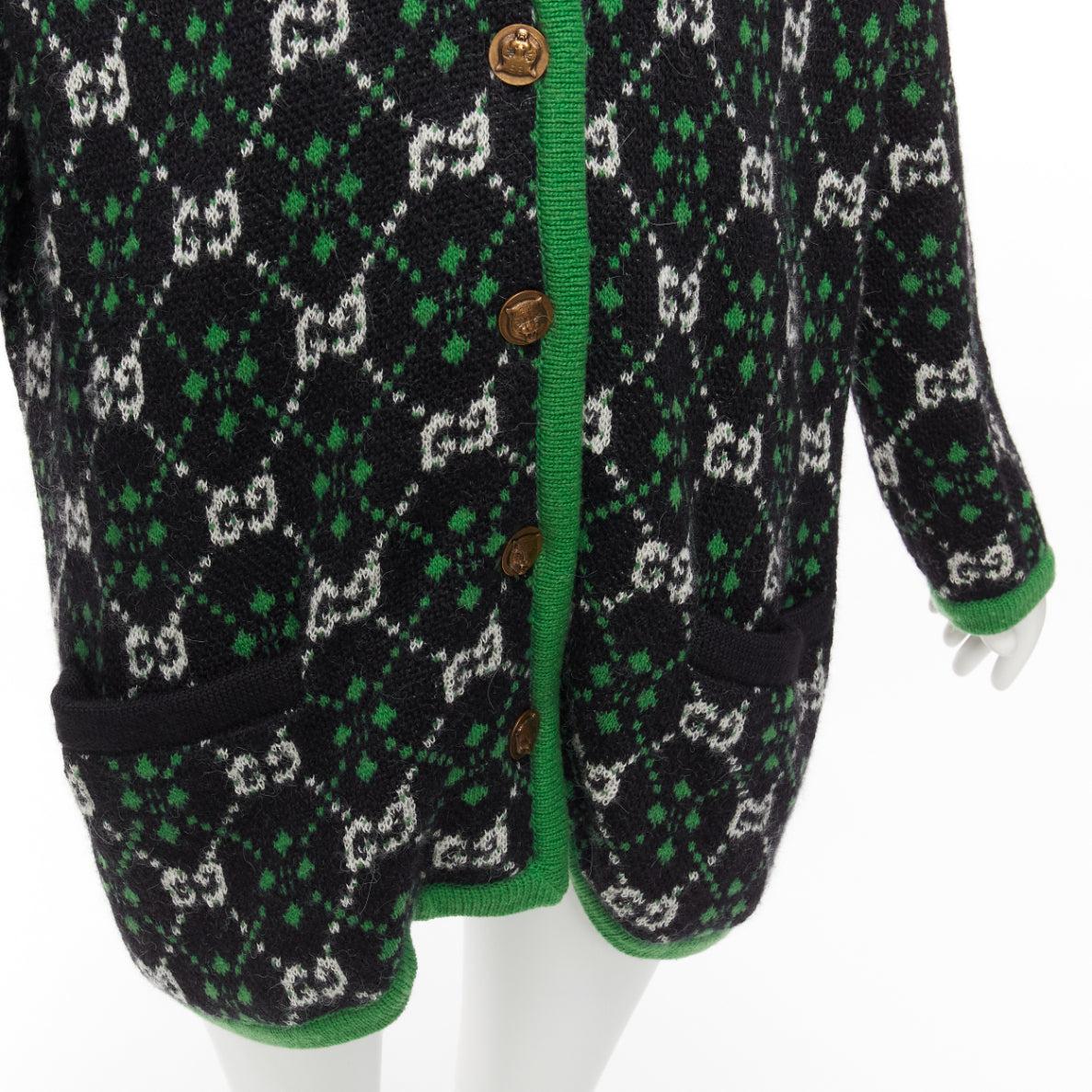 GUCCI 2018 white black GG monogram alpaca wool green trim knit coat S For Sale 4