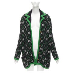 GUCCI 2018 white black GG monogram alpaca wool green trim knit coat S