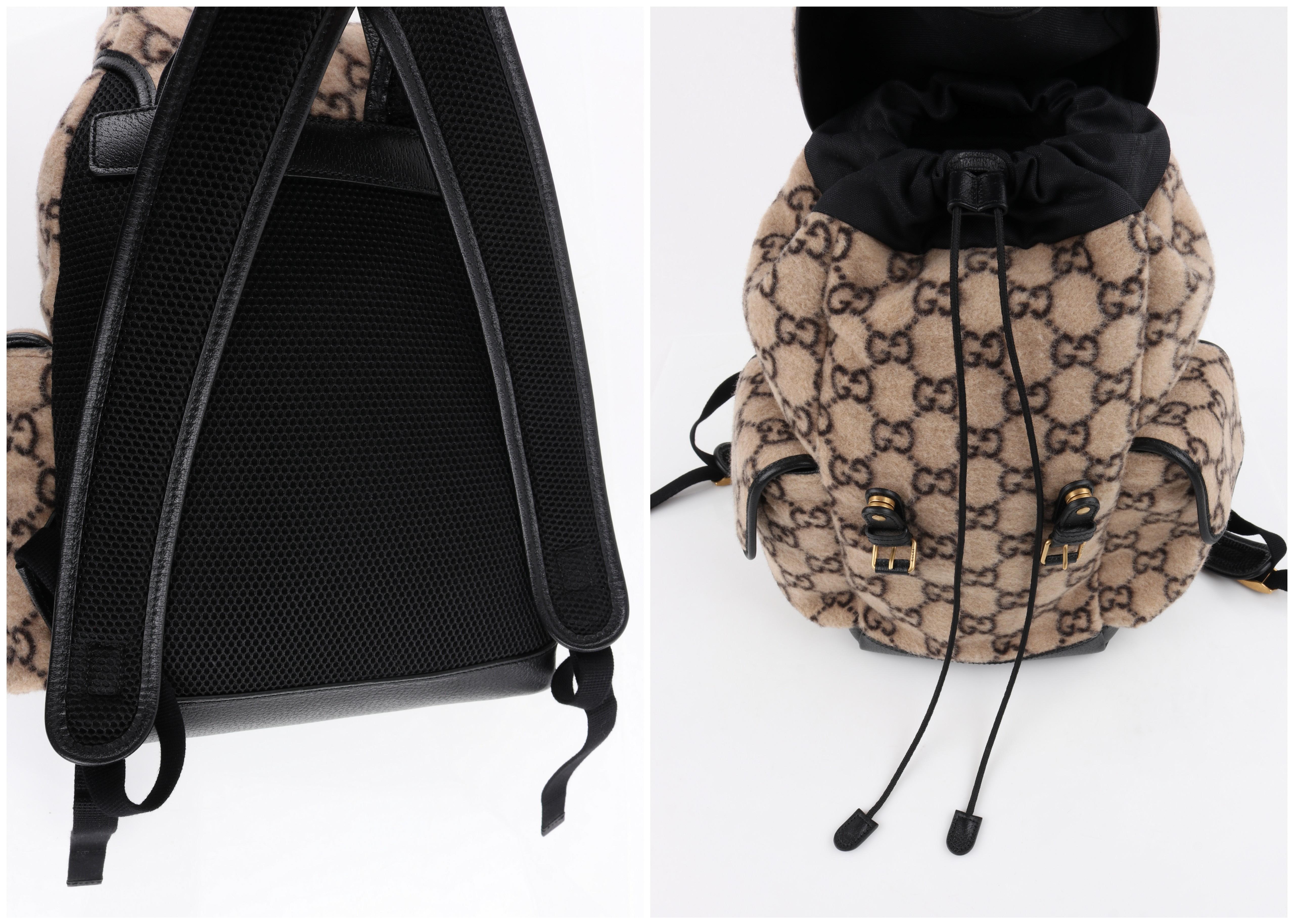 GUCCI 2019 Black Beige Monogram Jacquard Wool Drawstring Buckle Backpack NWT For Sale 3