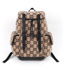 GUCCI 2019 Black Beige Monogram Jacquard Wool Drawstring Buckle Backpack NWT
