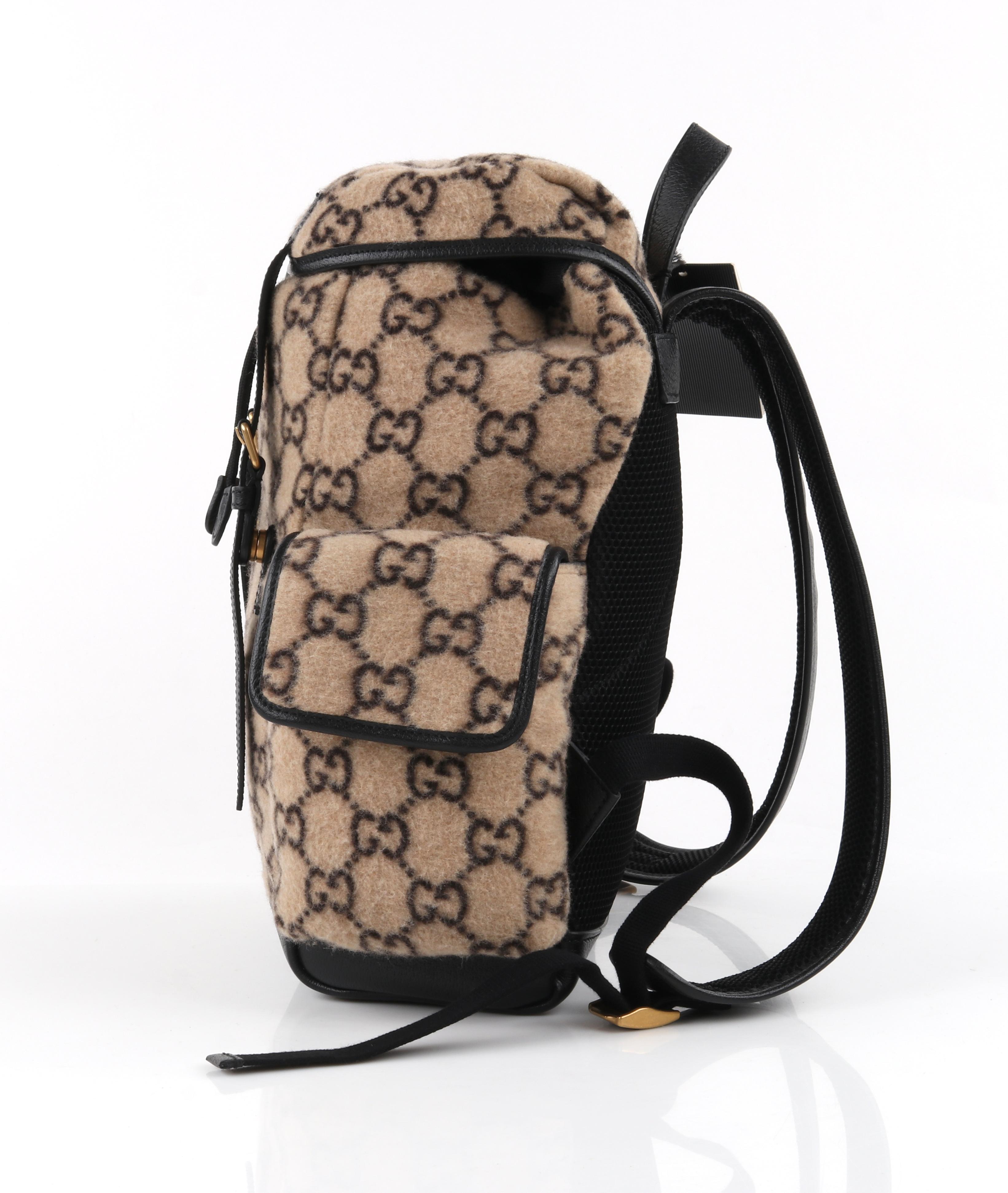 GUCCI 2019 Black Beige Monogram Jacquard Wool Drawstring Buckle Backpack NWT In Excellent Condition For Sale In Thiensville, WI