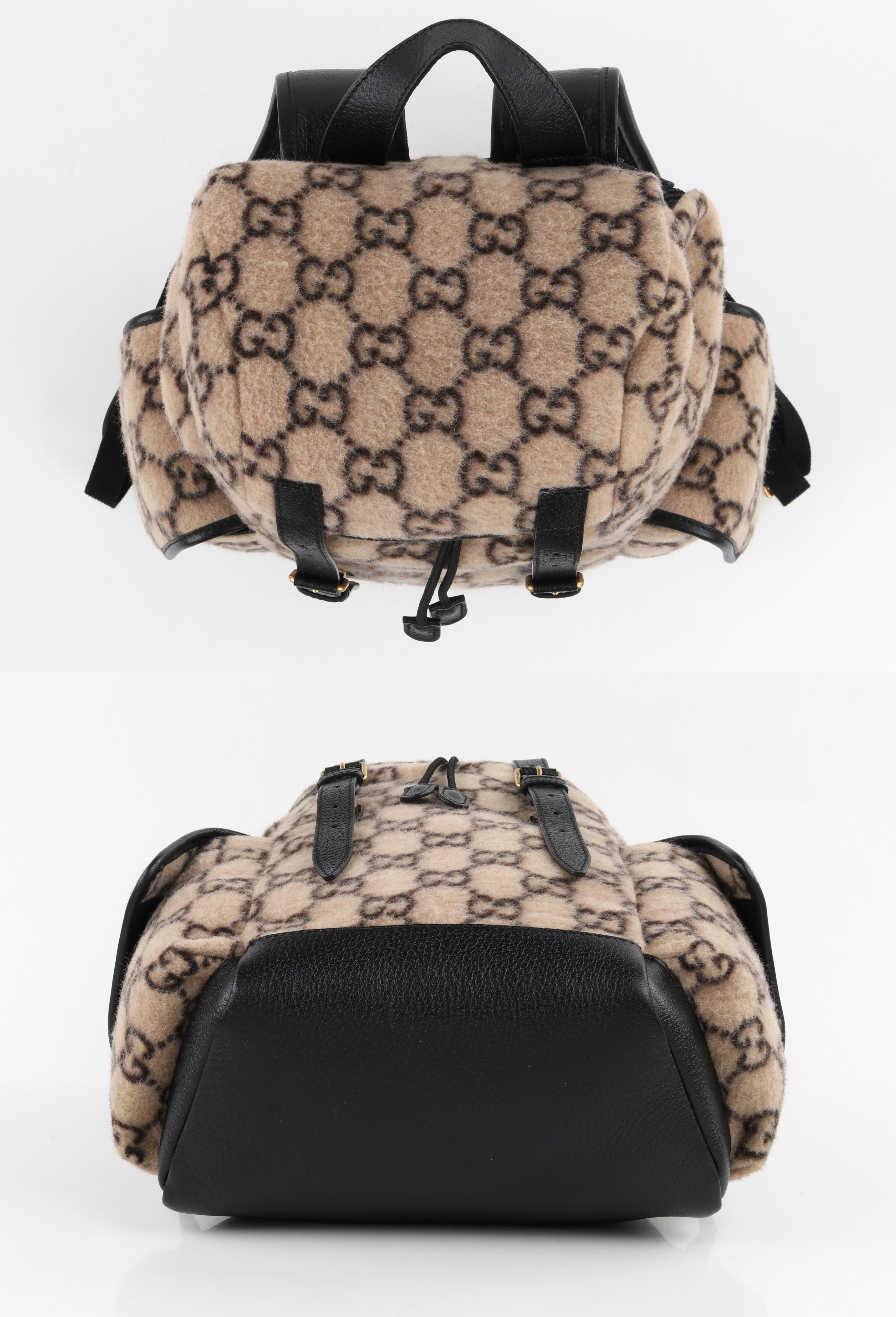 Women's or Men's GUCCI 2019 Black Beige Monogram Jacquard Wool Drawstring Buckle Backpack NWT For Sale