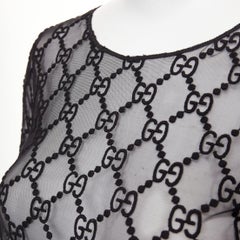 GUCCI 2019 black sheer monogram GG embroidered tulle long sleeve top XXS
