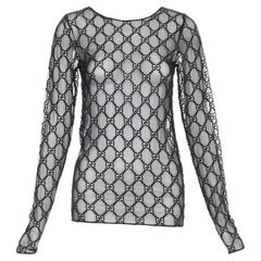GUCCI 2019 black sheer monogram GG embroidered tulle long sleeve top XXS