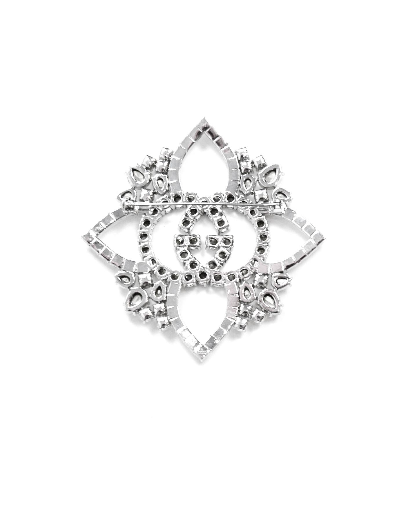 Gucci Crystal Embellished GG Brooch Pin
Made In: Italy
Year of Production: 2019
Color: Silvertone
Materials: Metal and crystal
Hallmarks: Gucci made in italy
Closure/Opening: Pin fastener
Overall Condition: Excellent pre-owned condition
Estimated