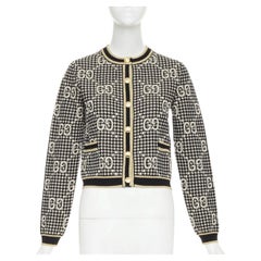 GUCCI 2019 GG Diamond black gold wool blend metallic web cropped cardigan XS