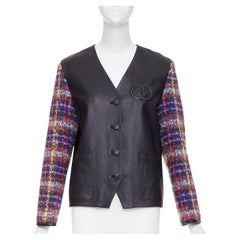 GUCCI 2019 Interlocking G Patch lambskin multi plaid tweed sleeve jacket IT38 S