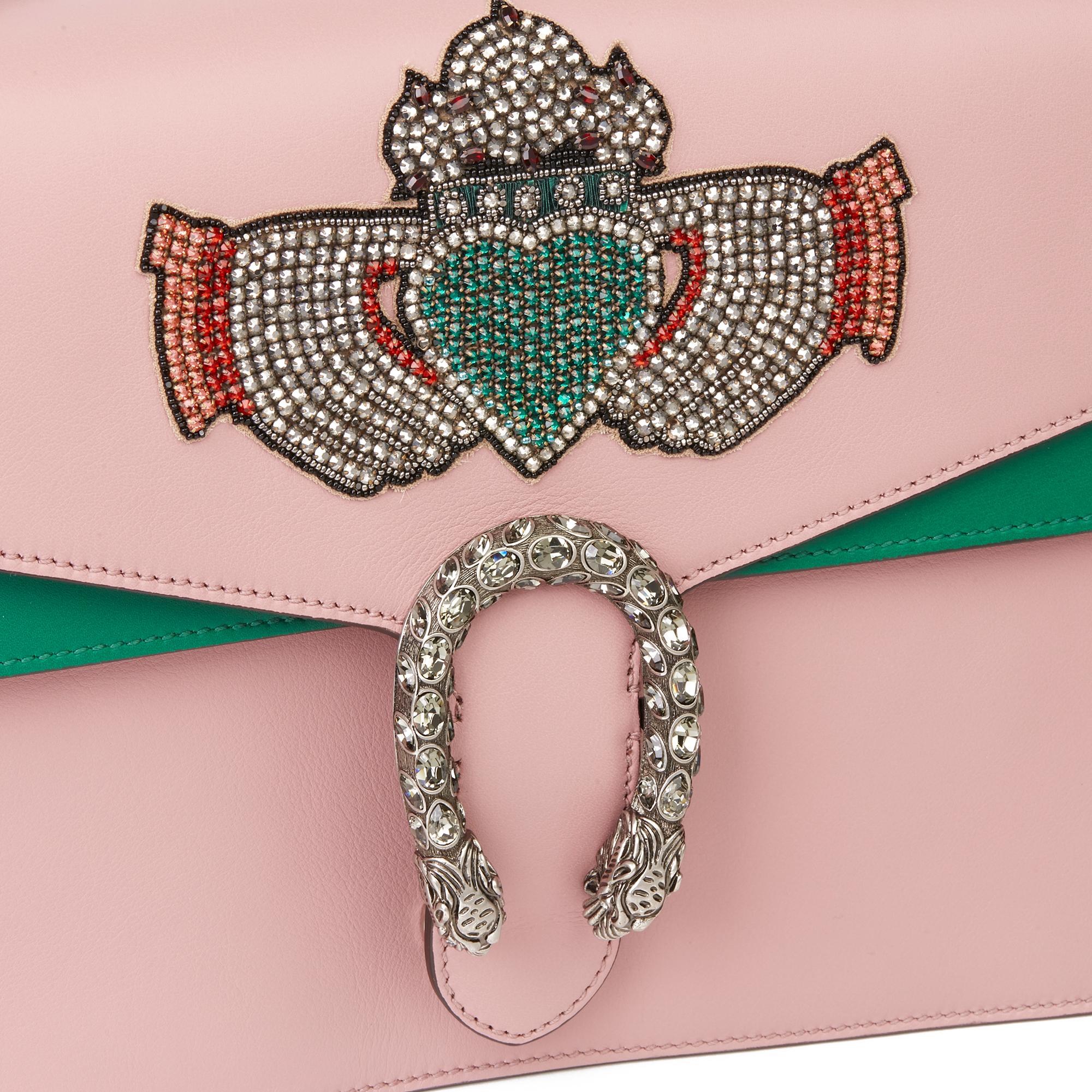 Gucci 2019 Pink & Green Calfskin Embellished Medium Dionysus In New Condition In Bishop's Stortford, Hertfordshire