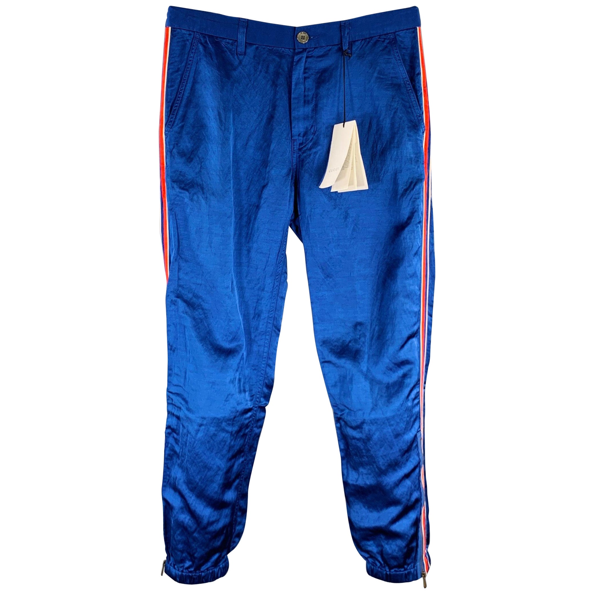 Gucci 2019 Taglia 32 Pantaloni casual in lino e viscosa a righe blu e rosse