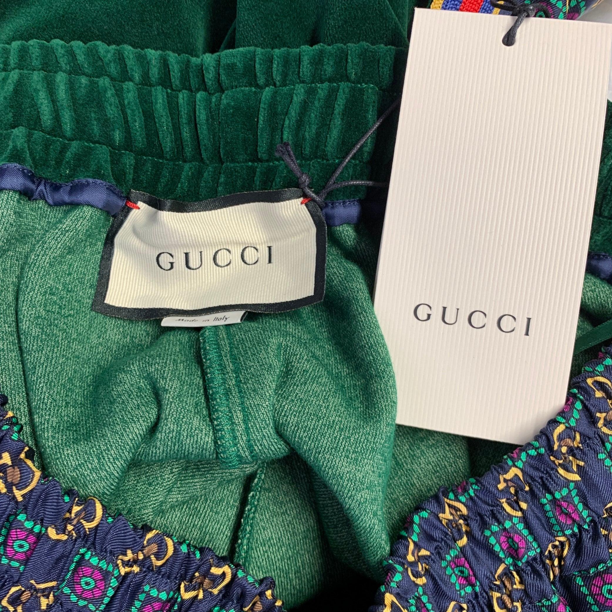 GUCCI 2019 Size S Green Blue Monogram Silk Joggers Casual Pants In Excellent Condition For Sale In San Francisco, CA