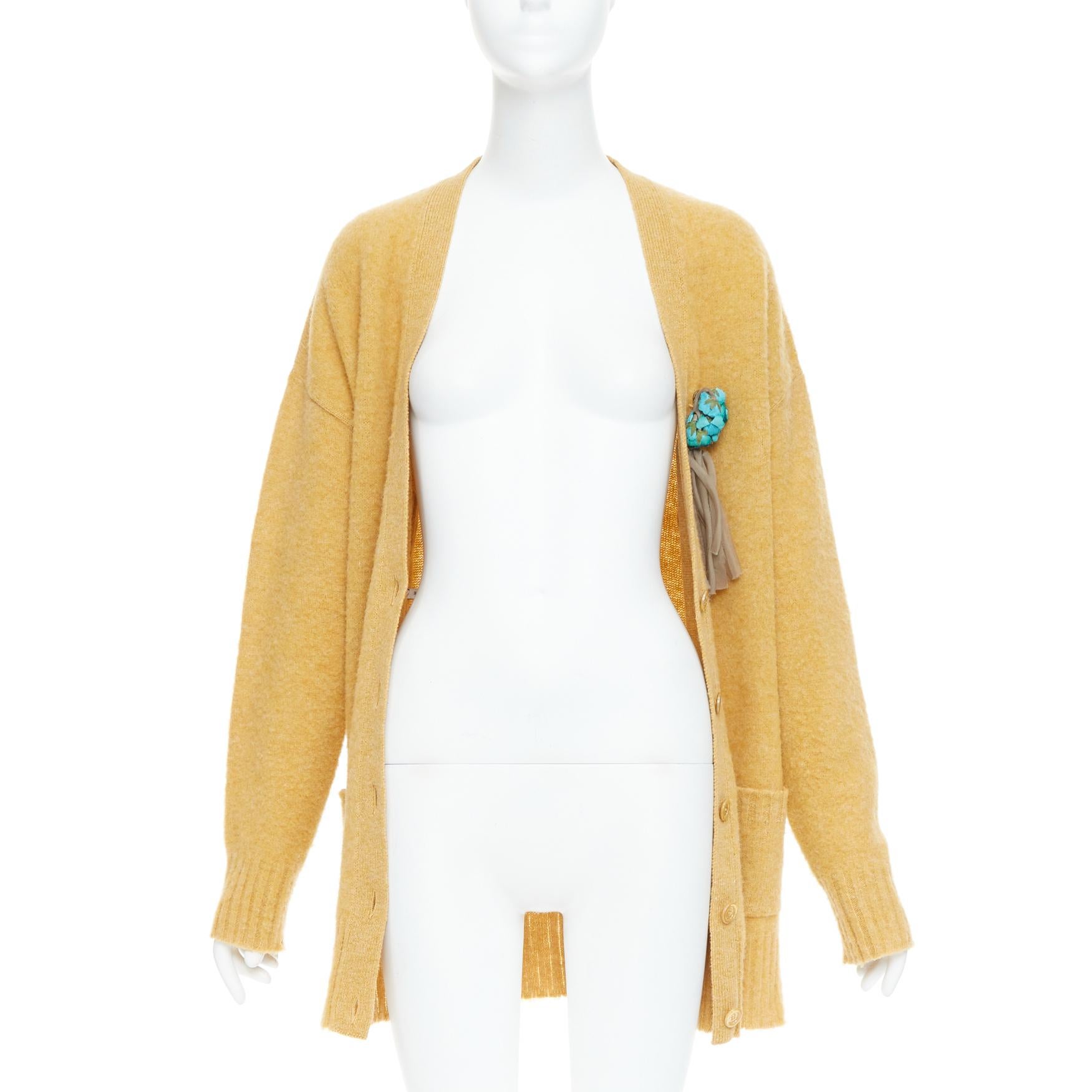 Orange GUCCI 2020 100% wool yellow blue floral brooch oversized cardigan M For Sale