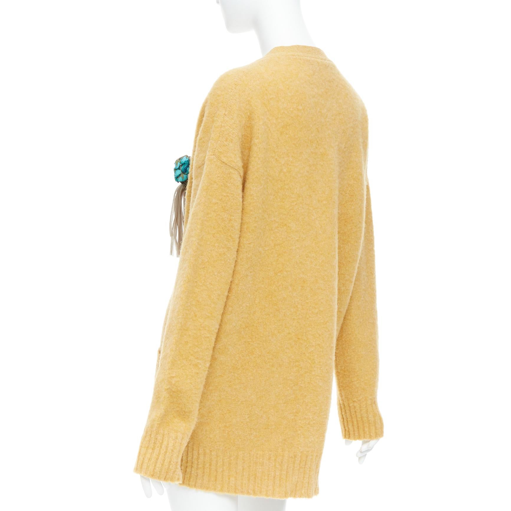 GUCCI 2020 100% wool yellow blue floral brooch oversized cardigan M For Sale 2
