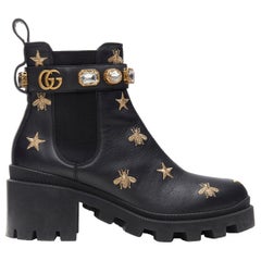 GUCCI 2020 Crystal Bee gold embroidered jewel crystal strap lug sole boot EU36.5