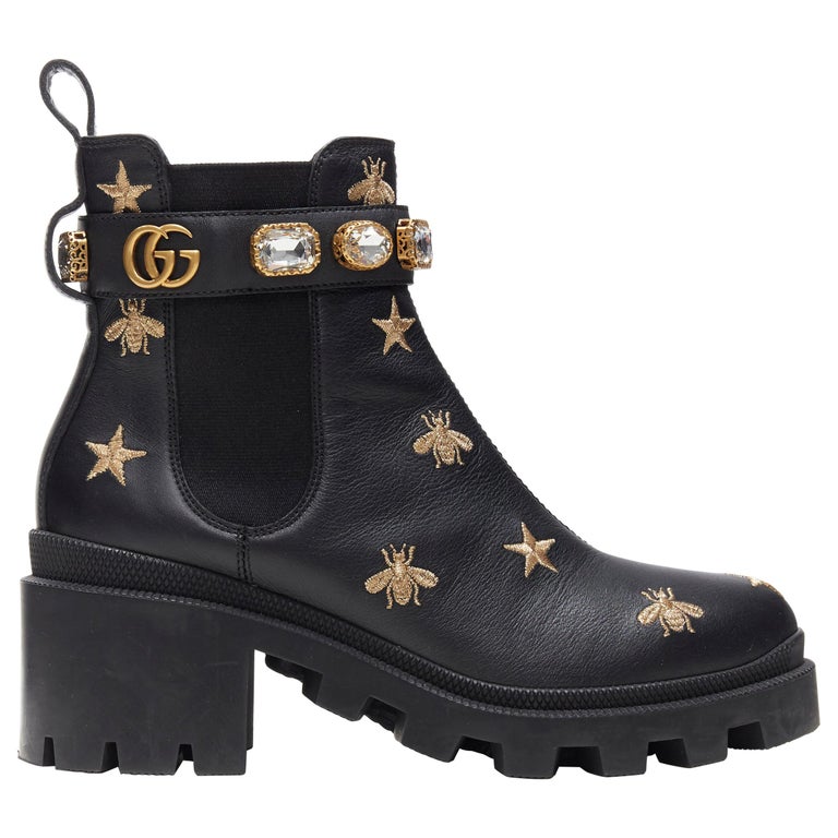 GUCCI 2020 Crystal Bee gold embroidered jewel crystal strap lug sole boot  EU36.5 at 1stDibs | boots with bees on them, boots with jewels on them, gucci  boots bees and stars