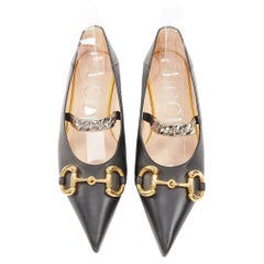 GUCCI 2020 Deva black leather horsebit chain strap pointed ballet flats EU38