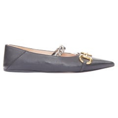 GUCCI 2020 Deva black leather horsebit chain strap pointed ballet flats EU38