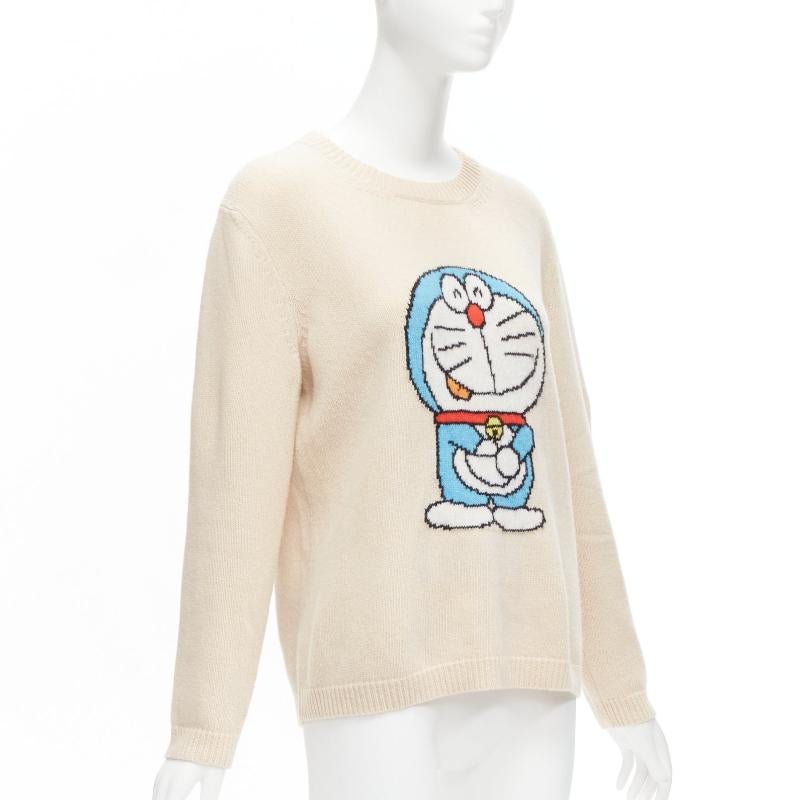 Beige GUCCI 2021 Doraemon CNY cream cartoon intarsia long sleeve pullover sweater L For Sale