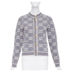 GUCCI 2021 grey cream GG Supreme jacquard boucle wool knit cardigan jacket IT40