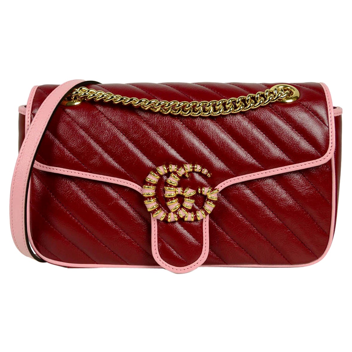Gucci 2021 Red & Pink Leather GG Marmont Small Flap Shoulder Bag w/ Enamel Logo