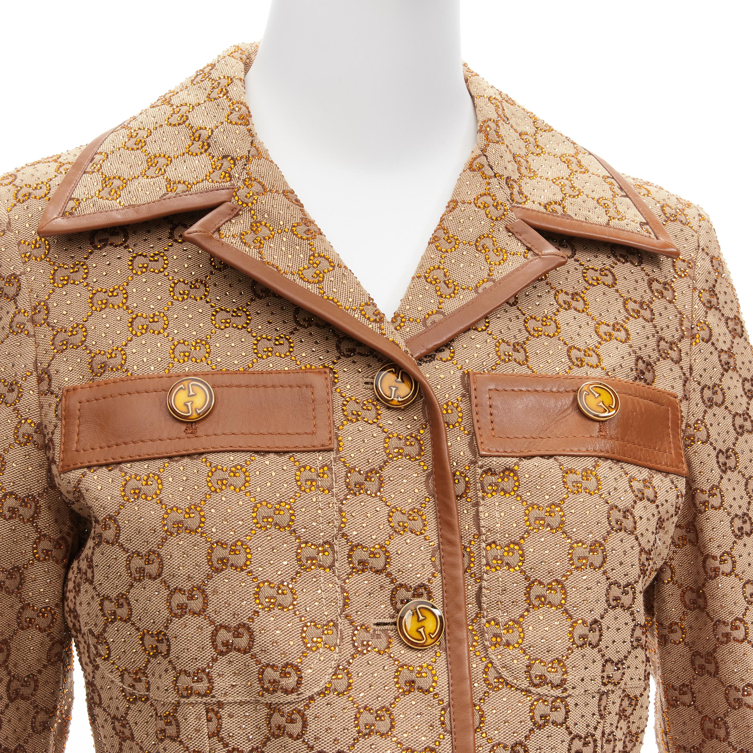 GUCCI 2022 Aria crystal embellished Horsebit leather trimmed canvas jacket IT38  For Sale 4