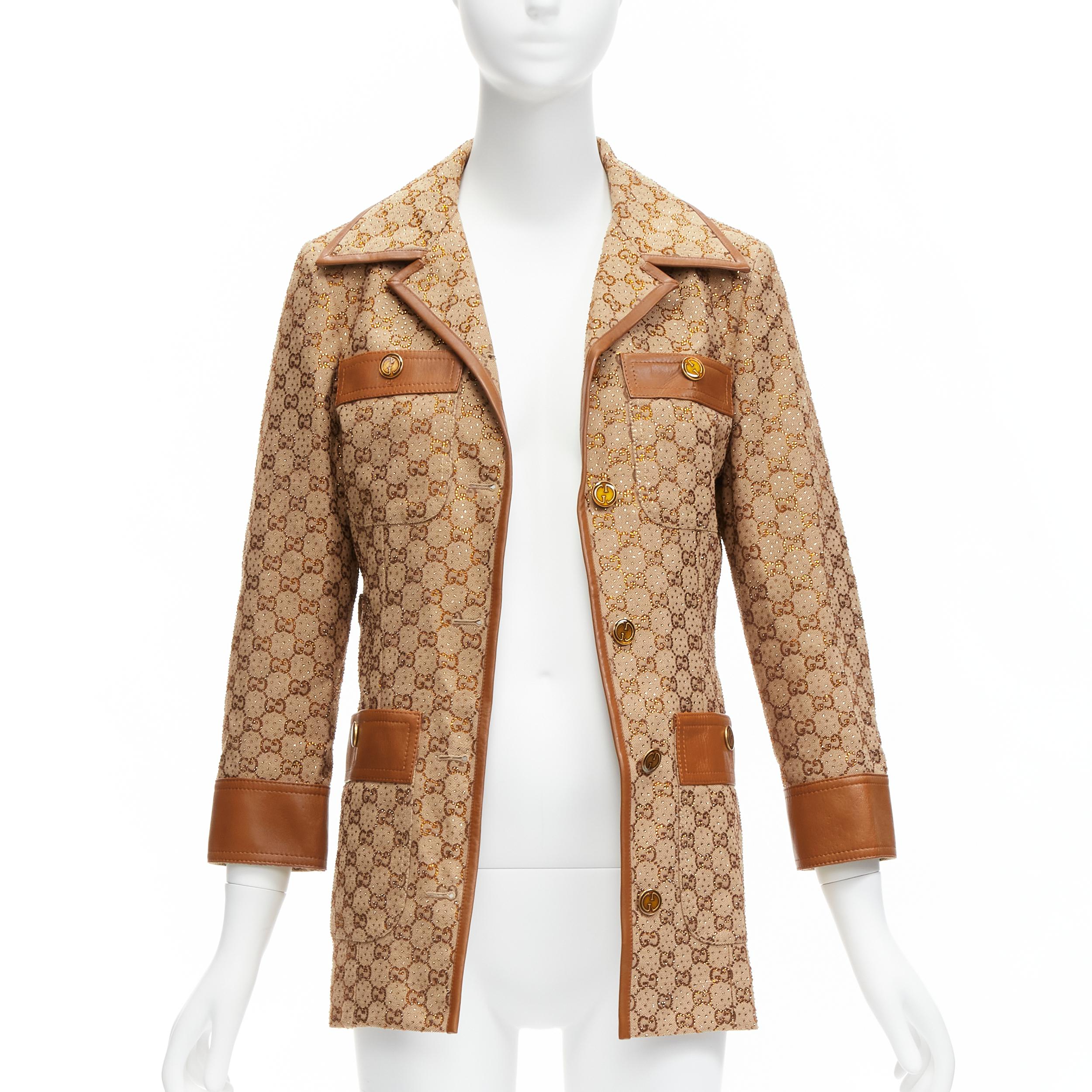 GUCCI 2022 Aria Kristall verzierter Horsebit Webgürtel GG Canvas Jacke IT38 XS (Braun) im Angebot