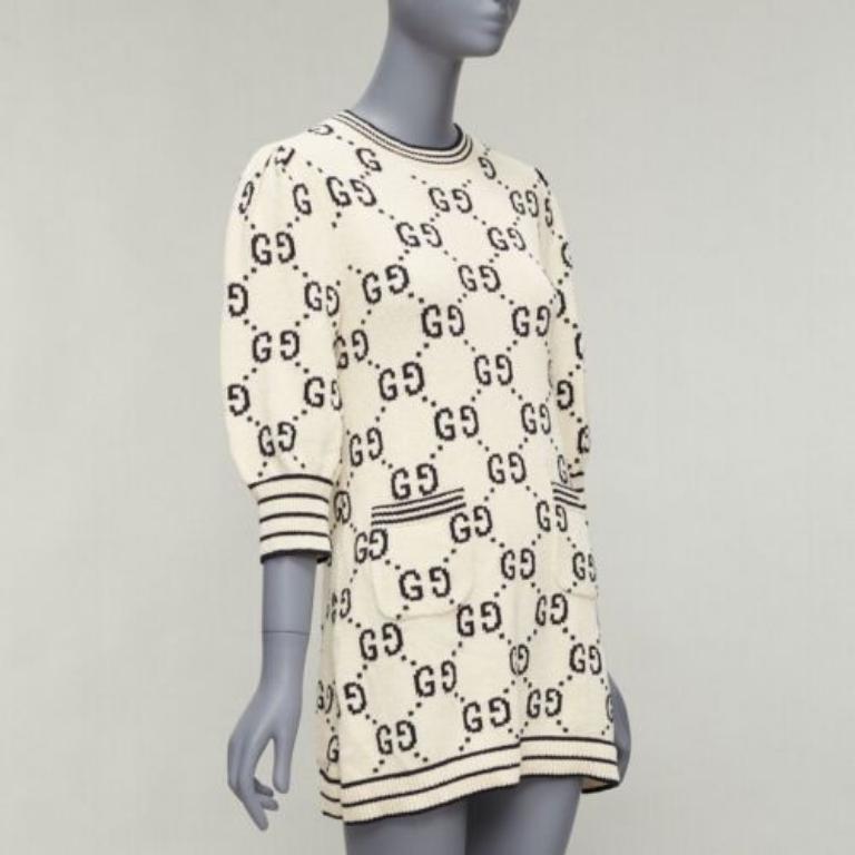 Beige GUCCI 2022 cream cotton GG logo jacquard  striped rib sweater dress XS