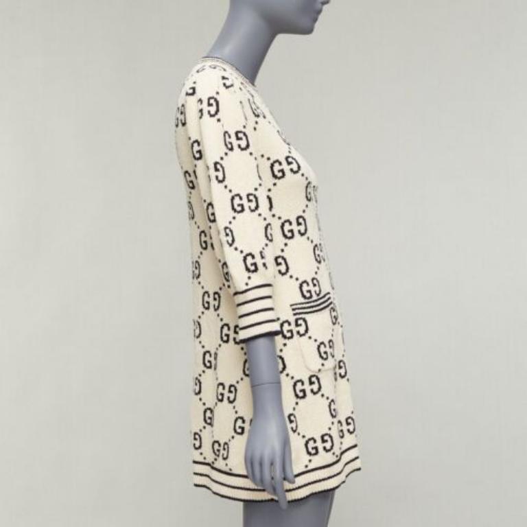 GUCCI 2022 cream cotton GG logo jacquard  striped rib sweater dress XS In Excellent Condition In Hong Kong, NT