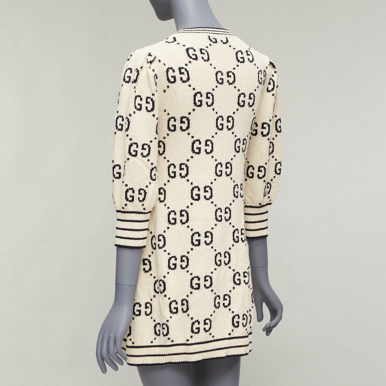 GUCCI 2022 cream cotton GG logo jacquard  striped rib sweater dress XS For Sale 1