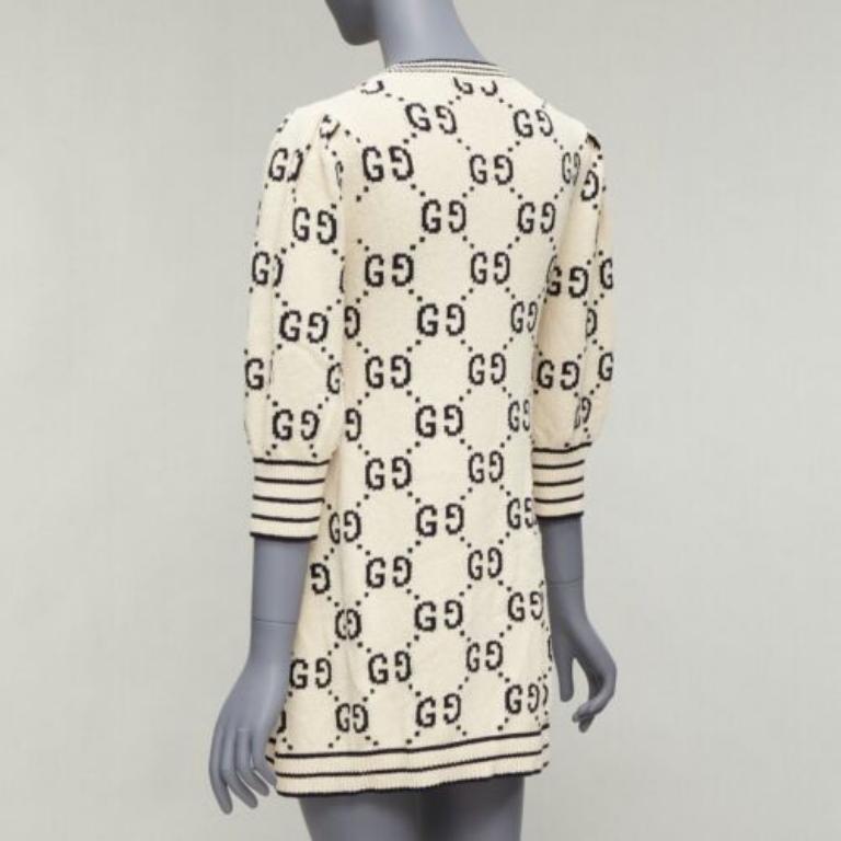 GUCCI 2022 cream cotton GG logo jacquard  striped rib sweater dress XS 1