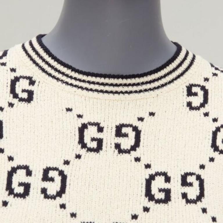 GUCCI 2022 cream cotton GG logo jacquard  striped rib sweater dress XS 2