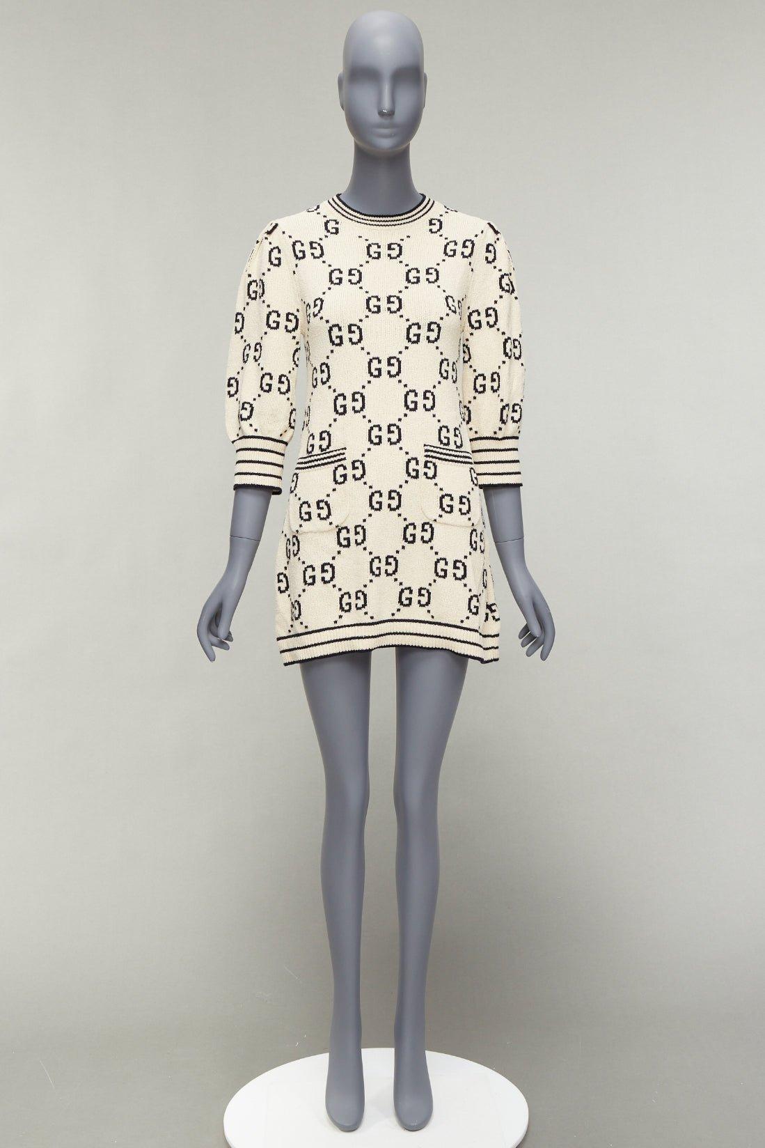 GUCCI 2022 cream cotton GG logo jacquard  striped rib sweater dress XS For Sale 5