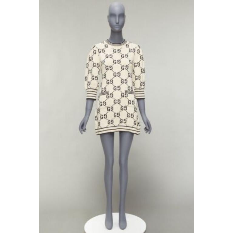 GUCCI 2022 cream cotton GG logo jacquard  striped rib sweater dress XS 4