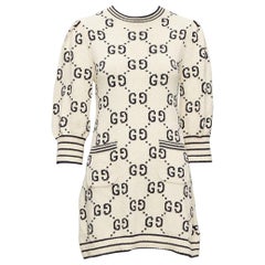 GUCCI 2022 cream cotton GG logo jacquard striped rib sweater dress XS