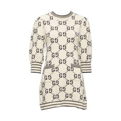 GUCCI 2022 cream cotton GG logo jacquard striped rib sweater dress XS