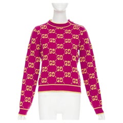 GUCCI 2022 magenta yellow wool GG monogram jacquard cropped sweater XS