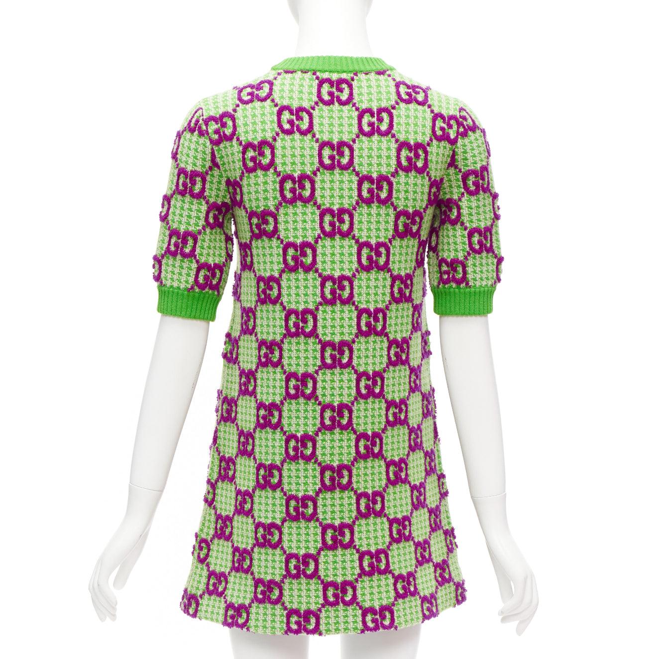 Women's GUCCI 2022 purple green  wool GG monogram jacquard crew sweater dress XXS For Sale