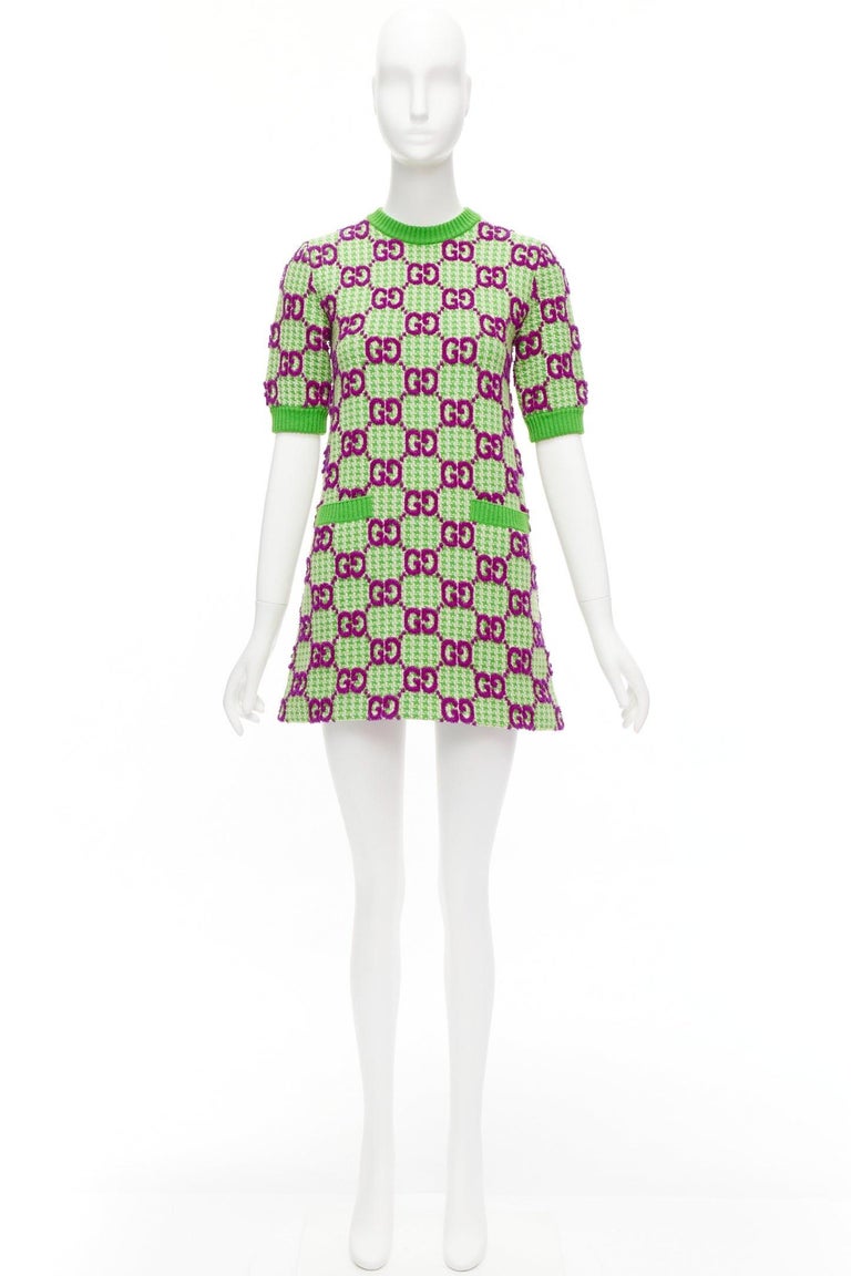 GUCCI 2022 purple green wool GG monogram jacquard crew sweater dress XXS