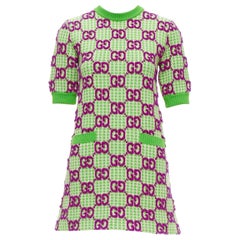 GUCCI 2022 purple green wool GG monogram jacquard crew sweater dress XXS