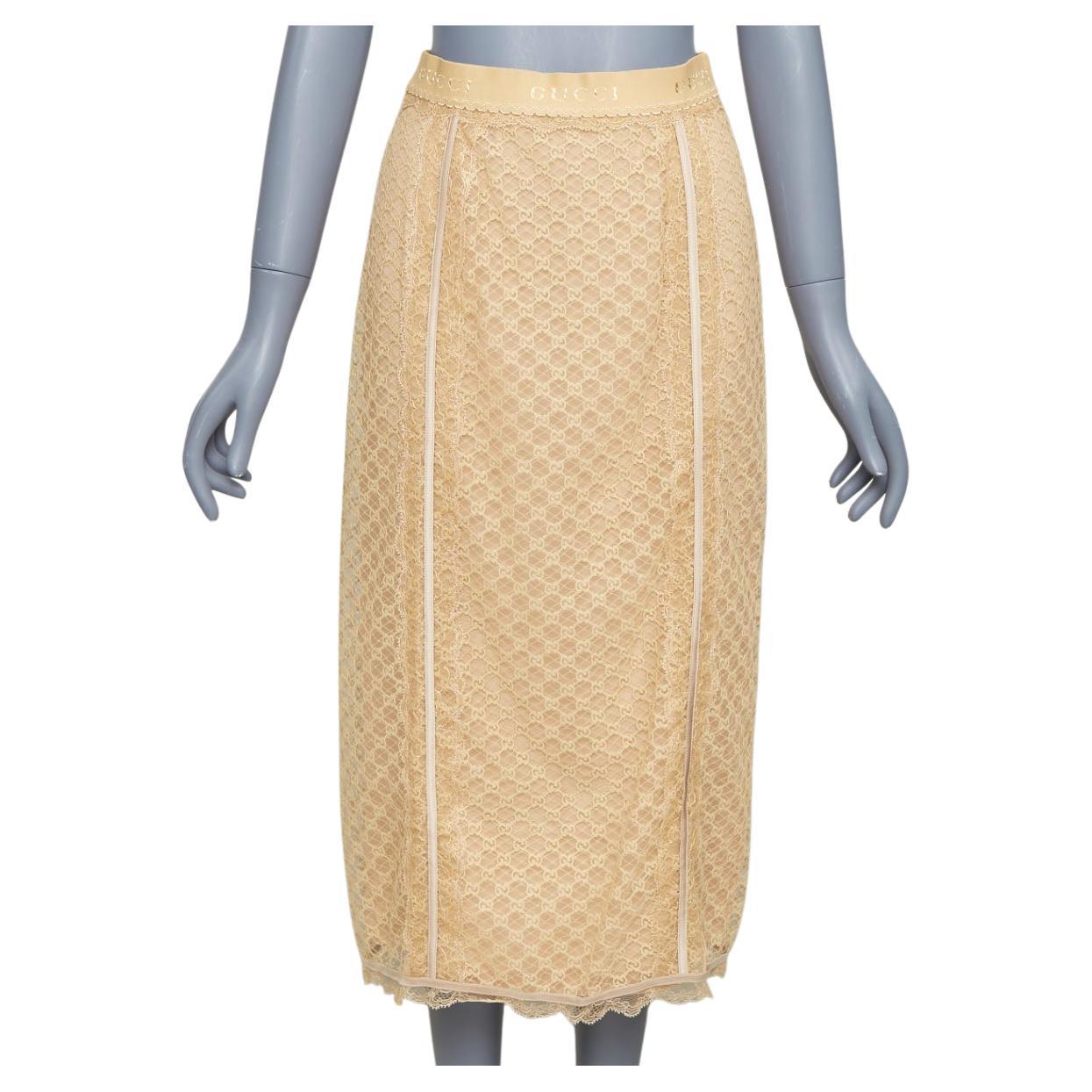 GUCCI 2022 Runway Aria beige nude GG malla encaje lencería falda midi S en venta