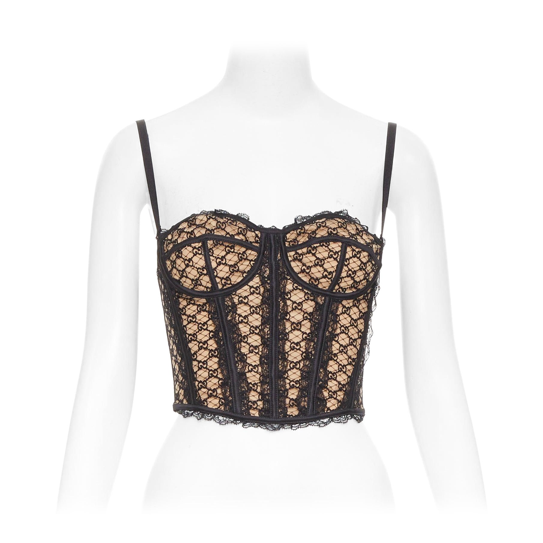 Gucci 2022 Runway Aria nero beige GG monogram rete pizzo corsetto bustier top M