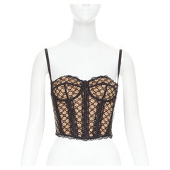 GUCCI 2022 Runway Aria black beige GG monogram net lace corset bustier top S