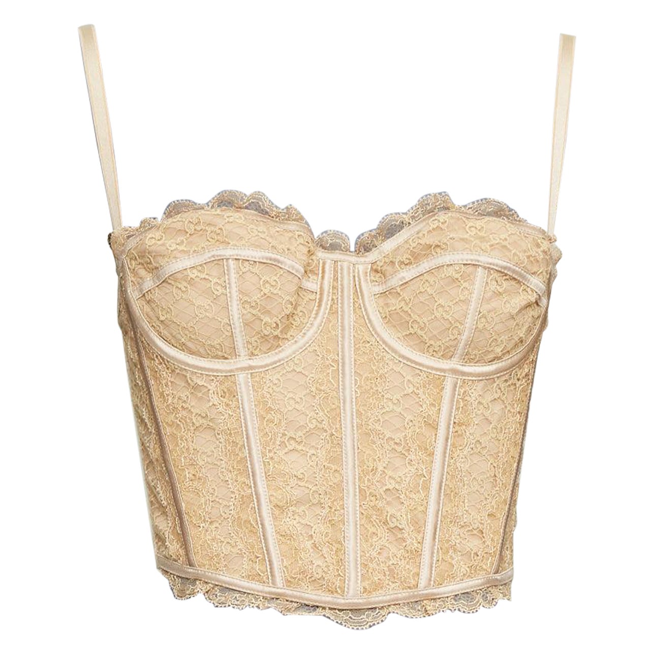 Gucci 2022 Runway Aria nude beige GG monogram net lace bustier top M