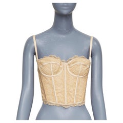 GUCCI 2022 Runway Aria nude beige GG monogram net lace corset bustier top S