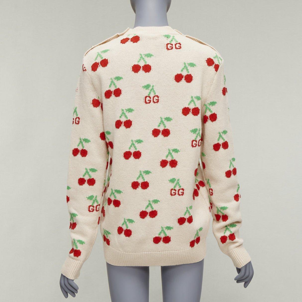 Women's GUCCI 2023 beige red GG logo Cherries crew long sleeves sweater XS For Sale