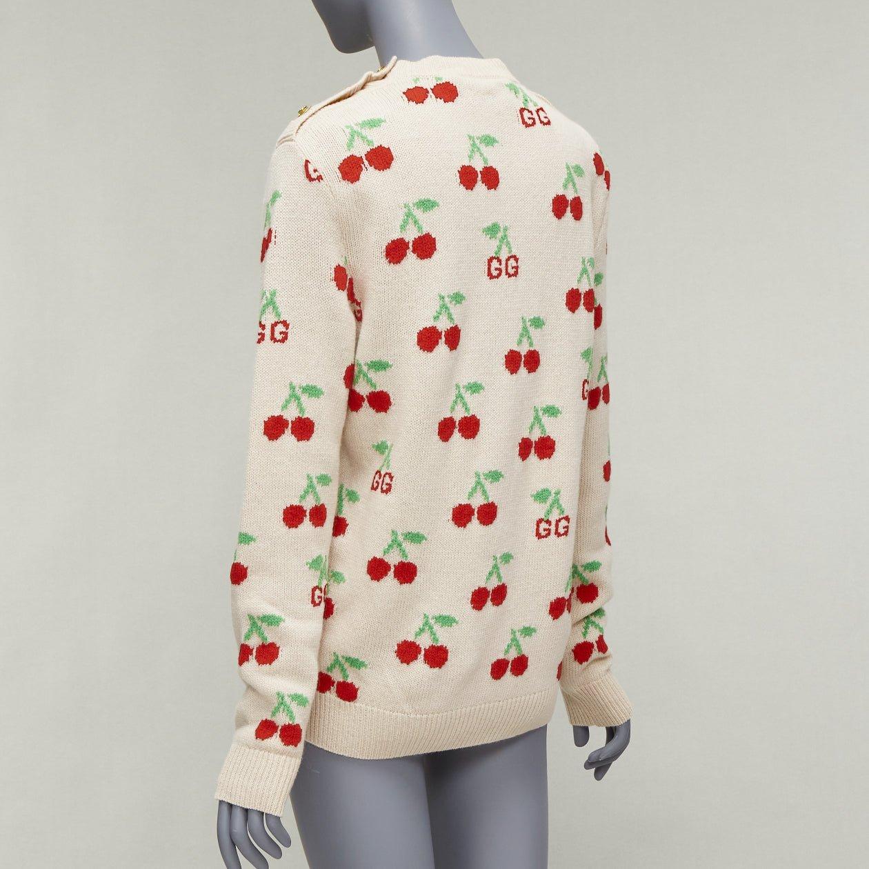GUCCI 2023 beige red GG logo Cherries crew long sleeves sweater XS For Sale 1