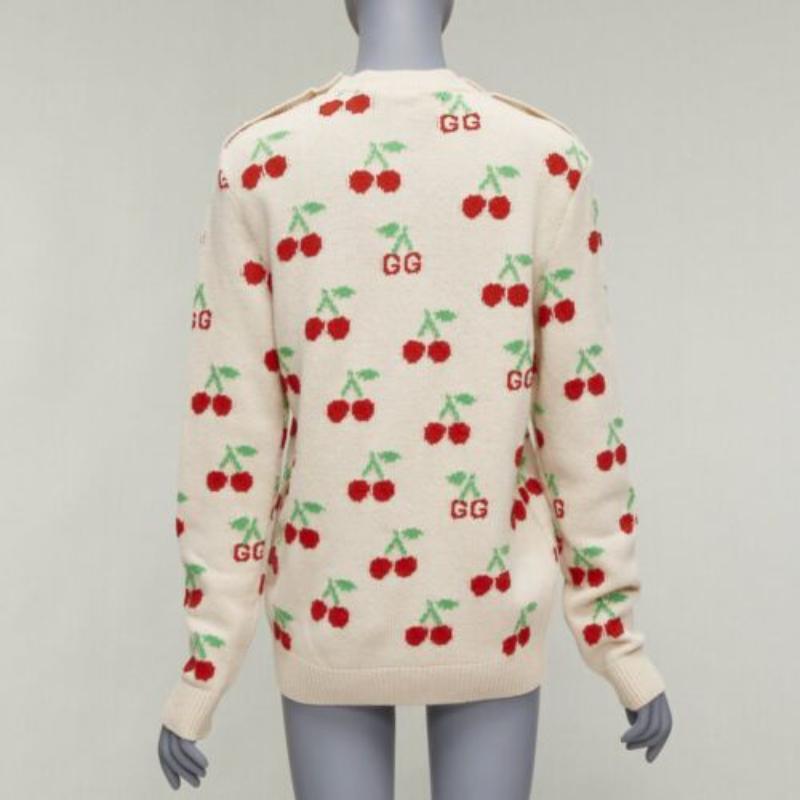 GUCCI 2023 beige rot GG Logo Cherries crew Pullover mit langen Ärmeln XS Damen im Angebot