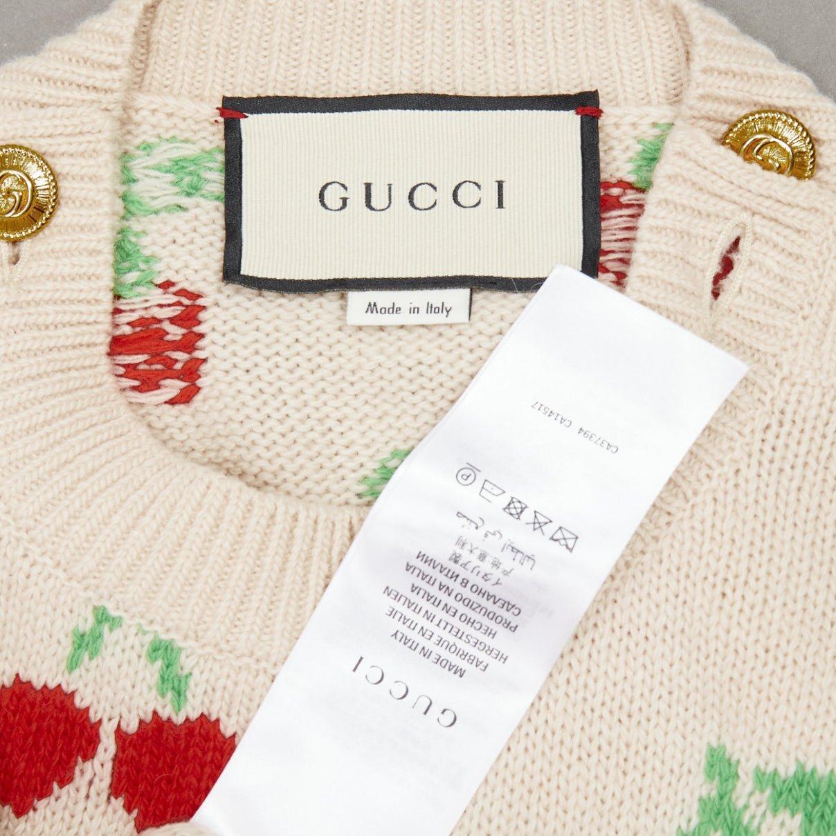 GUCCI 2023 beige red GG logo Cherries crew long sleeves sweater XS For Sale 4