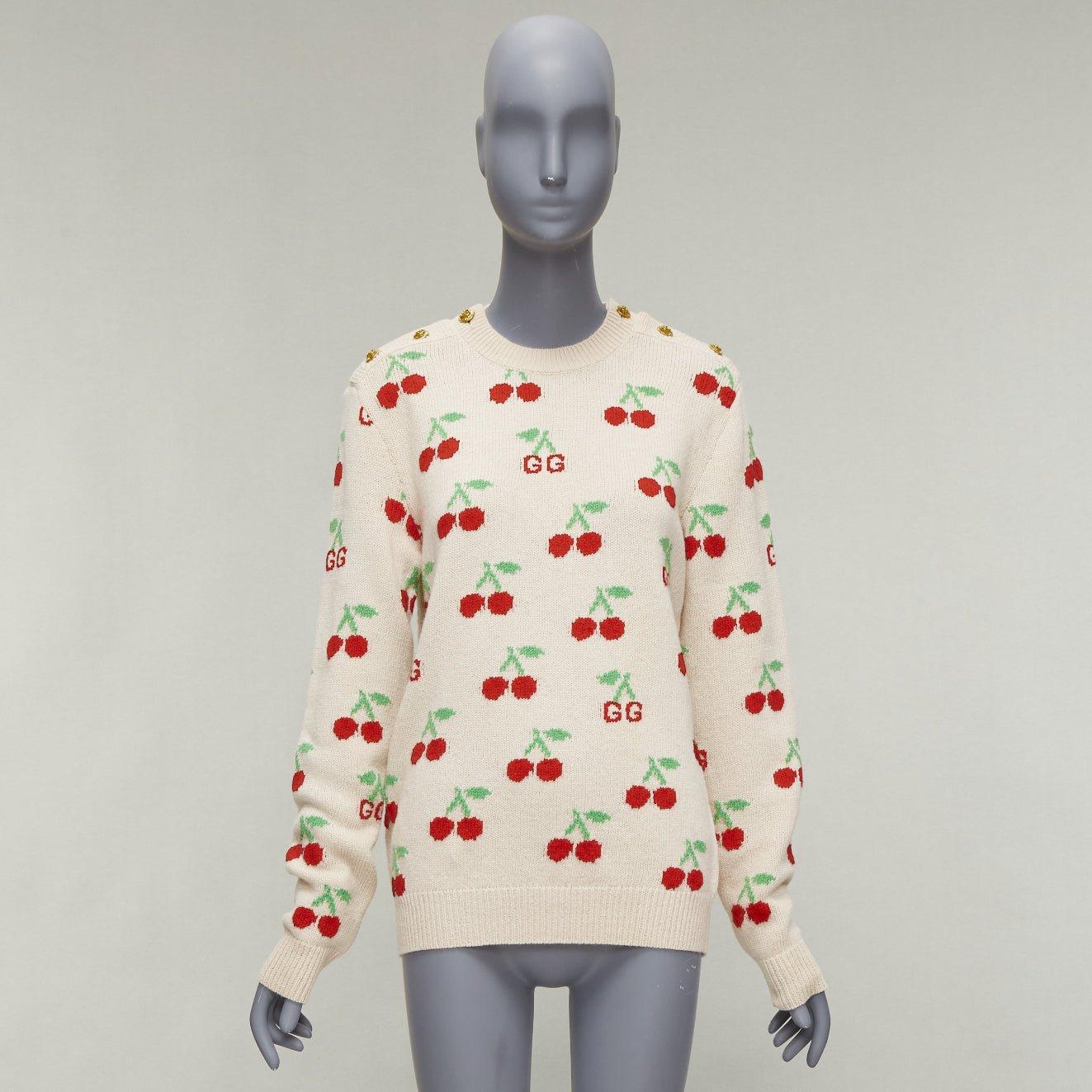 GUCCI 2023 beige red GG logo Cherries crew long sleeves sweater XS For Sale 5