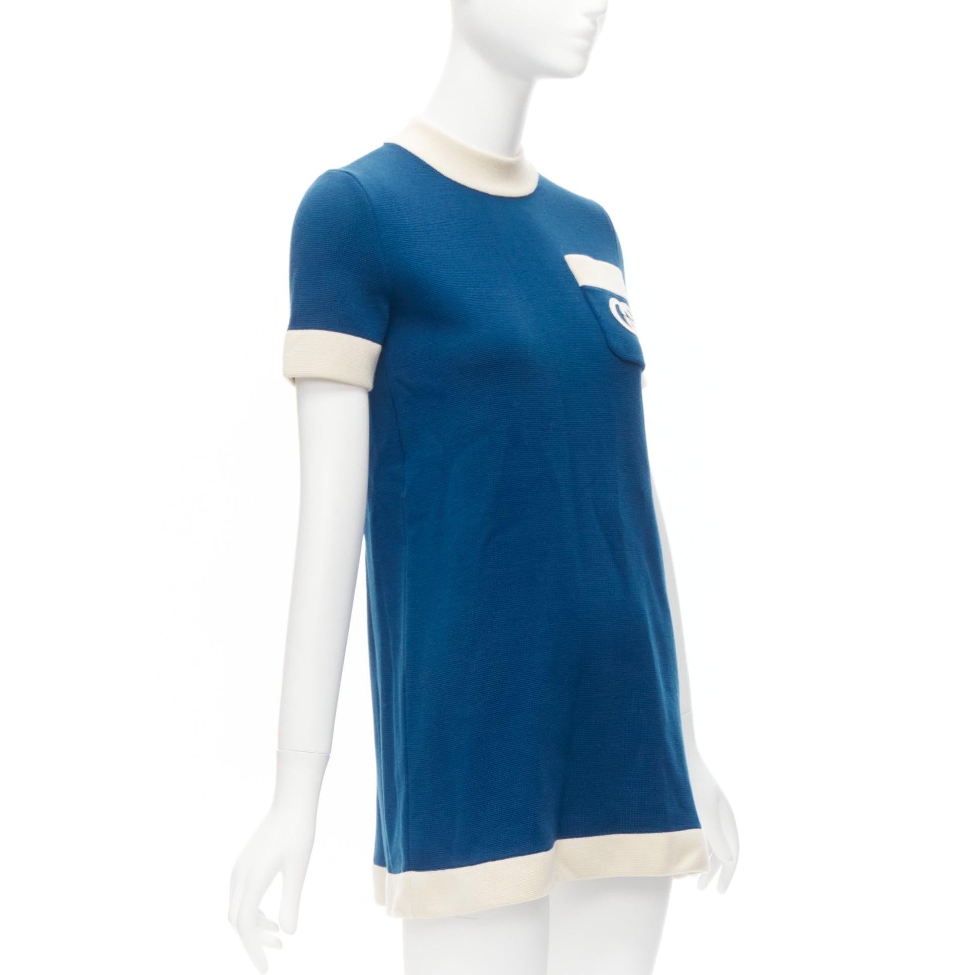Blue GUCCI 2023 blue cream 100% wool GG logo embroidery pocket mod dress XXS For Sale